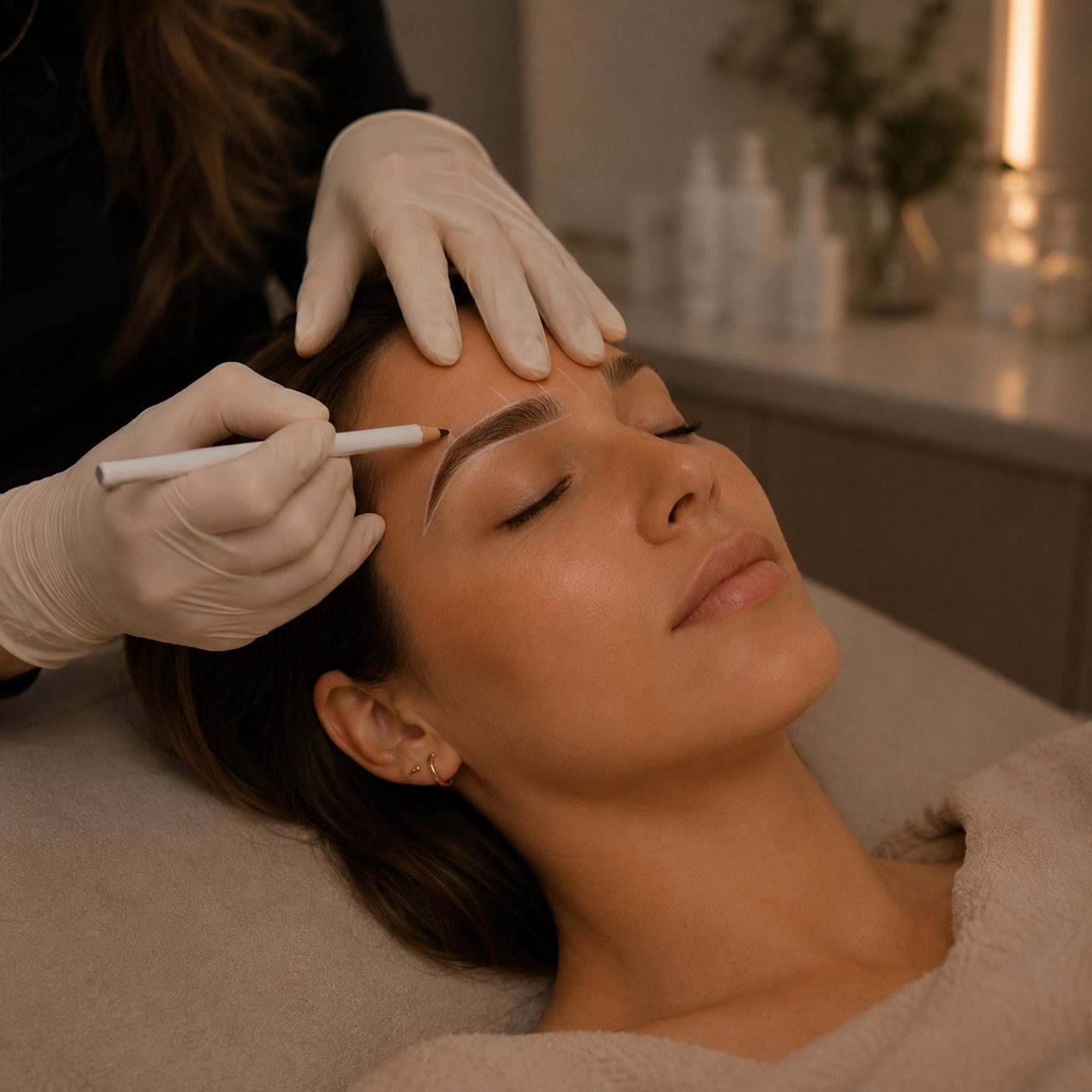 Brow shaping with mapping pencil in progress at Maison Montclair